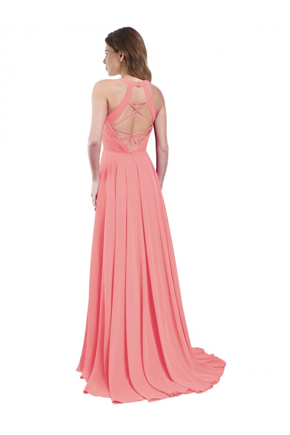 Comprar Sandía línea A Halter Gasa Largo Vestidos de dama de honor