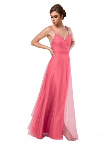 Comprar Sandía línea A Tirantes espagueti Tul Largo Vestidos de dama de honor