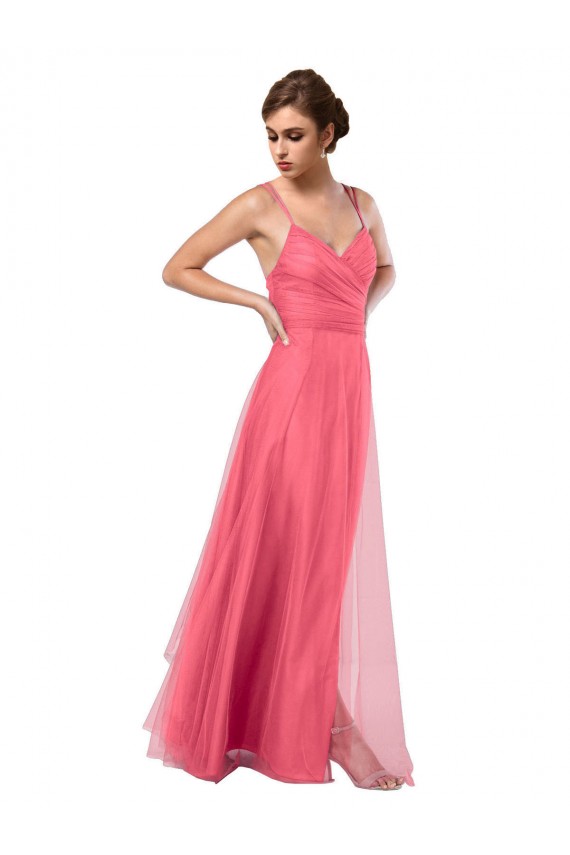 Comprar Sandía línea A Tirantes espagueti Tul Largo Vestidos de dama de honor
