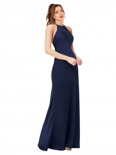 Comprar Sapphire Cubierta Cuello Alto Satén sedoso Largo Formales Vestidos de dama de honor / Vestidos de fiesta