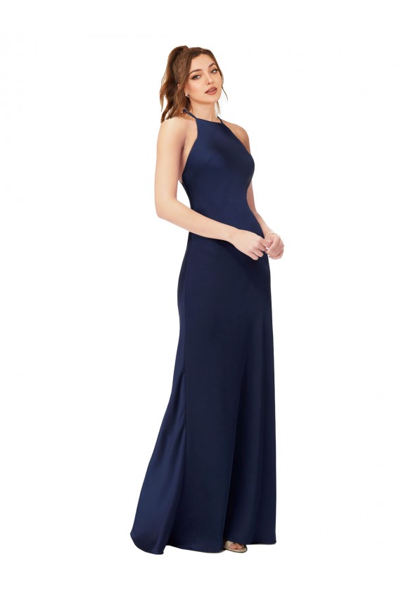 Comprar Sapphire Cubierta Cuello Alto Satén sedoso Largo Formales Vestidos de dama de honor / Vestidos de fiesta