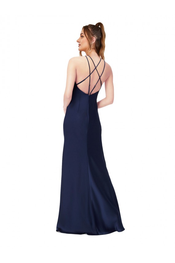 Comprar Sapphire Cubierta Cuello Alto Satén sedoso Largo Formales Vestidos de dama de honor / Vestidos de fiesta