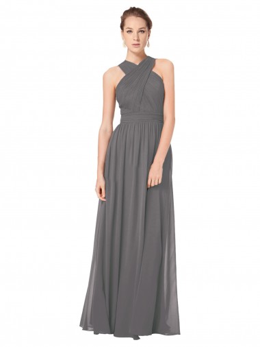 Comprar Stormy Silver línea A Halter Gasa Largo Vestidos de dama de honor