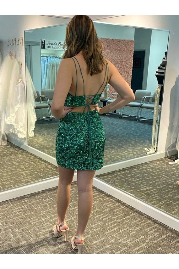Comprar Trébol Verde Cubierta Cuello en V Corto Lentejuelas Terciopelo Corto Vestidos de fiesta