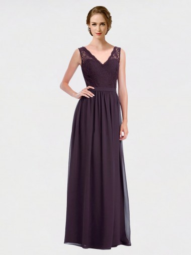Comprar Uva línea A Cuello en V Gasa Encaje Largo Vestidos de dama de honor
