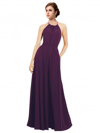 Comprar Uva línea A Halter Gasa Largo Vestidos de dama de honor