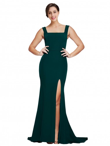 Comprar Verde Midnight Cubierta Cuadrado Barrer tren Crepé Elástico Largo Vestidos de dama de honor / Vestidos de fiesta
