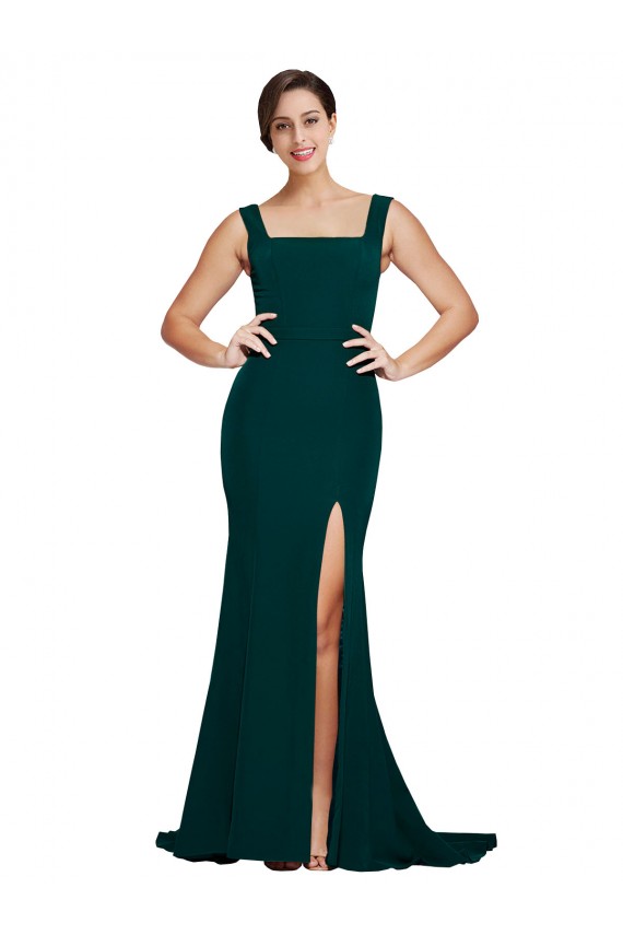 Comprar Verde Midnight Cubierta Cuadrado Barrer tren Crepé Elástico Largo Vestidos de dama de honor / Vestidos de fiesta