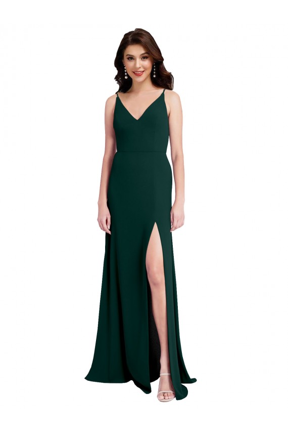 Comprar Verde Midnight línea A Cuello en V Crepé Elástico Largo Formales Vestidos de dama de honor / Vestidos de fiesta