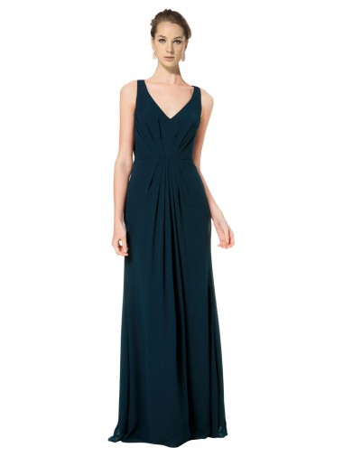 Comprar Verde Midnight línea A Cuello en V Gasa Largo Vestidos de dama de honor