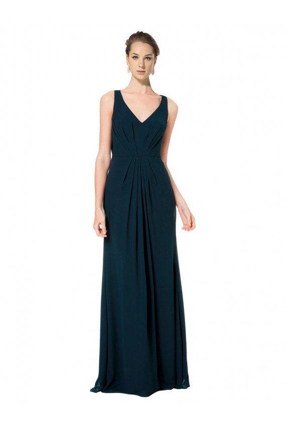 Comprar Verde Midnight línea A Cuello en V Gasa Largo Vestidos de dama de honor