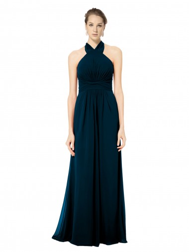 Comprar Verde Midnight línea A Halter Gasa Largo Vestidos de dama de honor