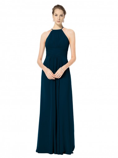 Comprar Verde Midnight línea A Tirantes espagueti Halter Gasa Largo Vestidos de dama de honor