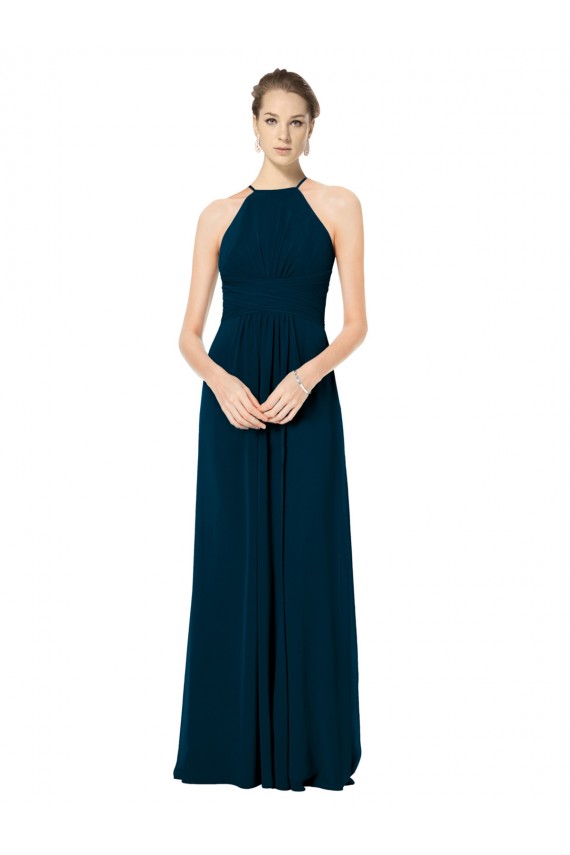 Comprar Verde Midnight línea A Tirantes espagueti Halter Gasa Largo Vestidos de dama de honor