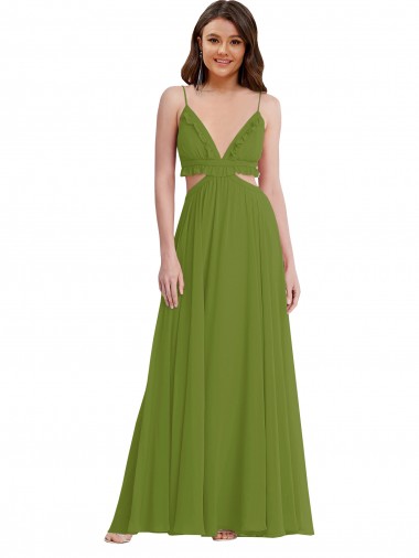 Comprar Verde Oliva línea A Cuello en V Gasa Largo Vestidos de dama de honor