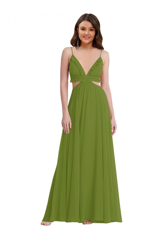 Comprar Verde Oliva línea A Cuello en V Gasa Largo Vestidos de dama de honor