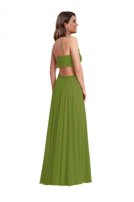 Comprar Verde Oliva línea A Cuello en V Gasa Largo Vestidos de dama de honor
