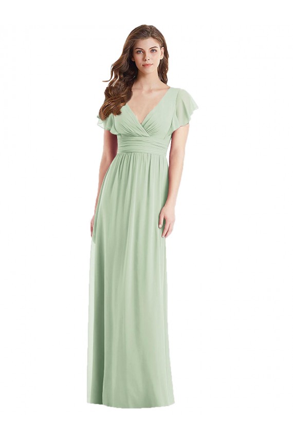Comprar Verde Salvia Trompeta Cuello en V Gasa Largo Vestidos de dama de honor