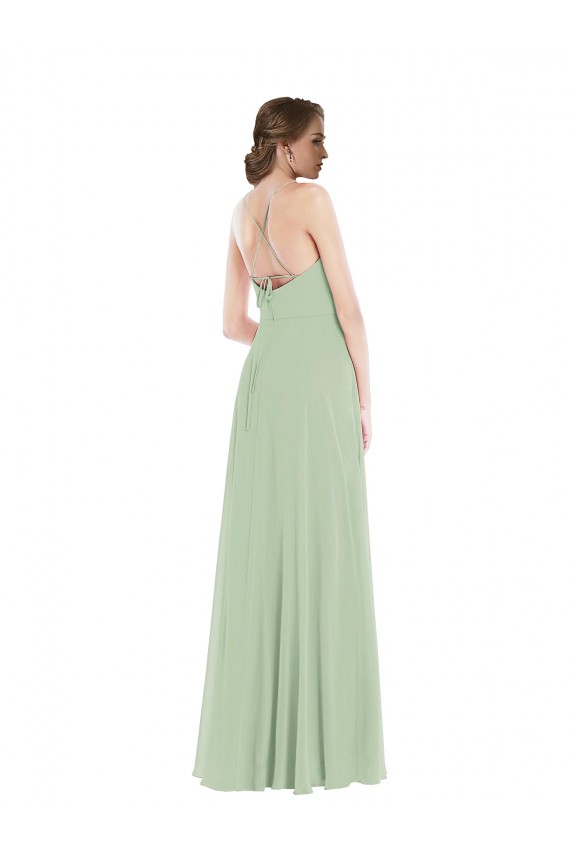 Comprar Verde Salvia línea A Cucharón Gasa Largo Vestidos de dama de honor