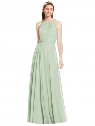 Comprar Verde Salvia línea A Halter Gasa Largo Vestidos de dama de honor