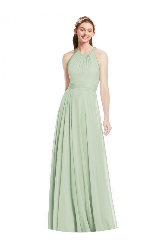 Comprar Verde Salvia línea A Halter Gasa Largo Vestidos de dama de honor