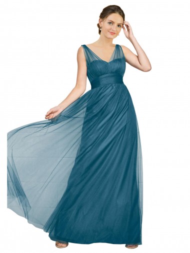 Comprar Verde azulado línea A Cuello en V Tul Largo Vestidos de dama de honor