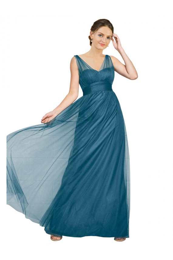 Comprar Verde azulado línea A Cuello en V Tul Largo Vestidos de dama de honor