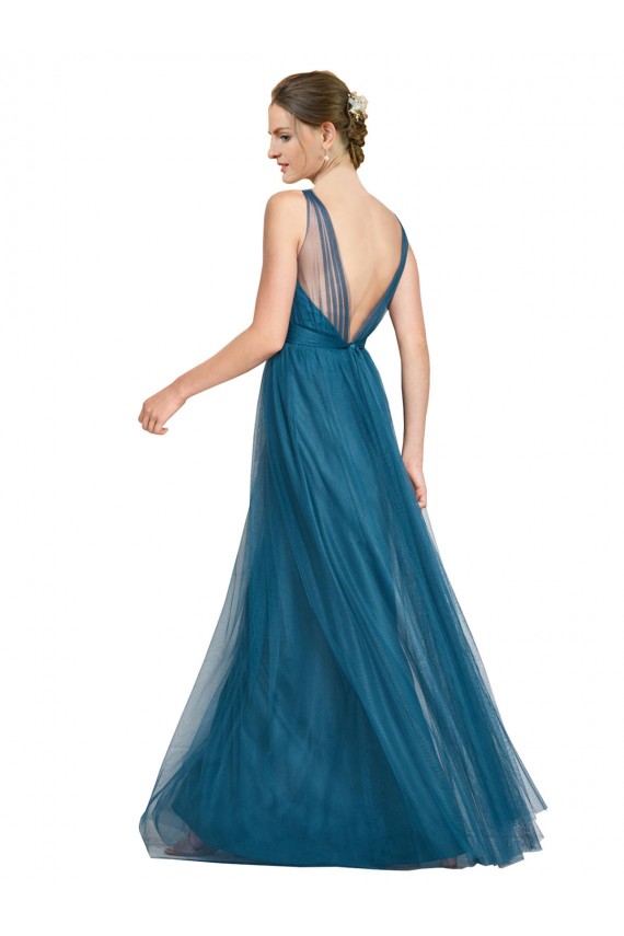 Comprar Verde azulado línea A Cuello en V Tul Largo Vestidos de dama de honor