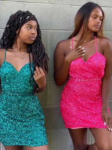 Comprar Verde oscuro Cubierta Cuello en V Corto Lentejuelas Terciopelo Corto Vestidos de fiesta