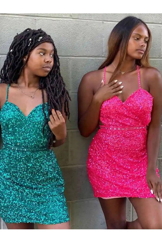 Comprar Verde oscuro Cubierta Cuello en V Corto Lentejuelas Terciopelo Corto Vestidos de fiesta