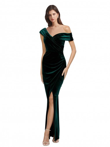Comprar Verde oscuro Cubierta Hombros Descubiertos Terciopelo Elástico Largo Asimétrico Formales Vestidos de dama de honor / Vestidos de fiesta