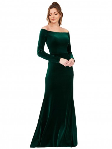 Comprar Verde oscuro Cubierta Hombros Descubiertos Terciopelo Elástico Largo Formales Vestidos de dama de honor / Vestidos de fiesta