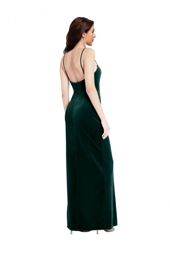 Comprar Verde oscuro Cubierta Tirantes espagueti Cuadrado Terciopelo Elástico Largo Vestidos de dama de honor / Vestidos de fiesta