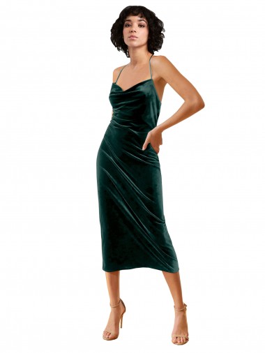 Comprar Verde oscuro Cubierta Tirantes espagueti Midi Terciopelo Elástico Corto Formales Vestidos de dama de honor / Vestidos de fiesta / Vestidos de cóctel