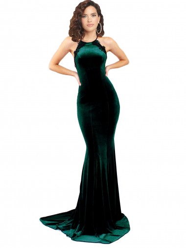 Comprar Verde oscuro Sirena Cuello Alto Barrer tren Terciopelo Elástico Largo Formales Vestidos de dama de honor / Vestidos de fiesta
