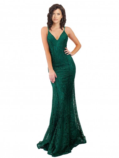 Comprar Verde oscuro Sirena Cuello en V Encaje Largo Vestidos de dama de honor / Vestidos de fiesta