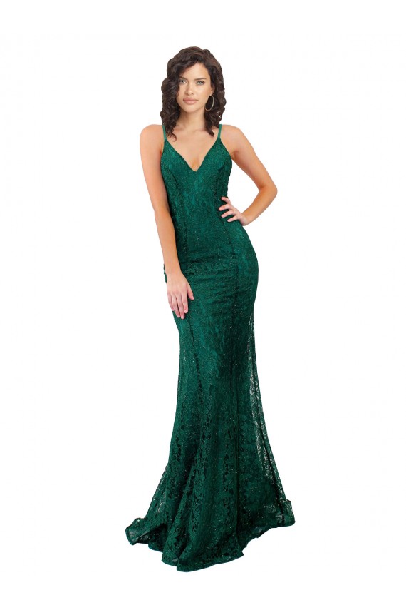 Comprar Verde oscuro Sirena Cuello en V Encaje Largo Vestidos de dama de honor / Vestidos de fiesta