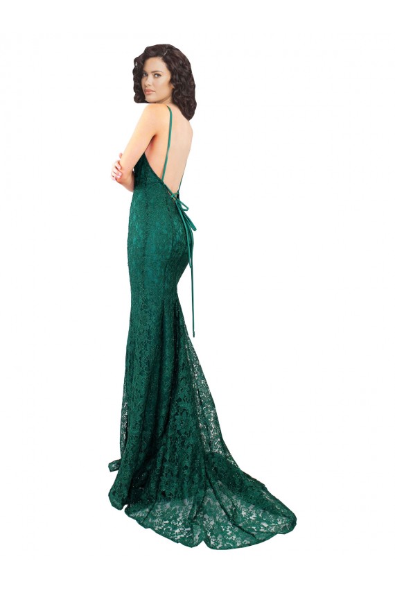 Comprar Verde oscuro Sirena Cuello en V Encaje Largo Vestidos de dama de honor / Vestidos de fiesta
