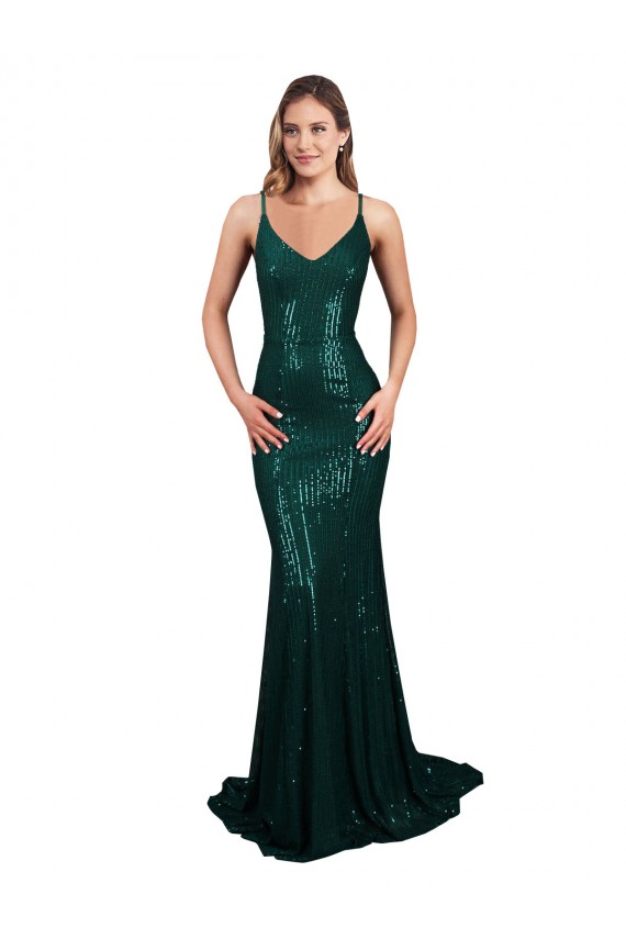 Comprar Verde oscuro Sirena Cuello en V Lentejuela Largo Formales Vestidos de dama de honor / Vestidos de fiesta