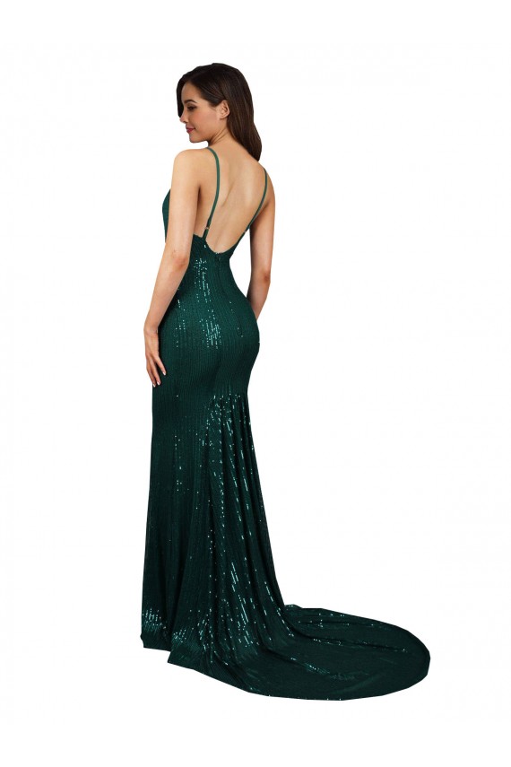 Comprar Verde oscuro Sirena Cuello en V Lentejuela Largo Formales Vestidos de dama de honor / Vestidos de fiesta