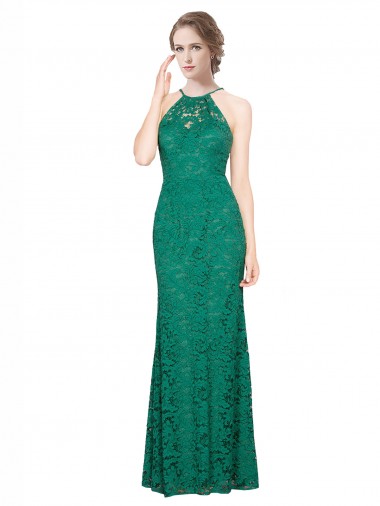 Comprar Verde oscuro Sirena Halter Cuello Alto Encaje Largo Vestidos de dama de honor / Vestidos de fiesta