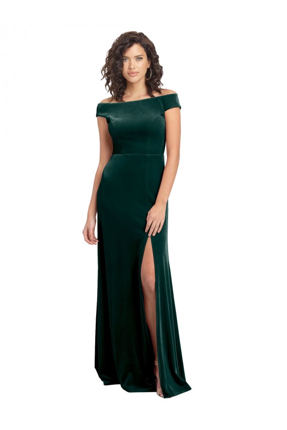 Comprar Verde oscuro línea A Cuadrado Terciopelo Elástico Largo Formales Vestidos de dama de honor / Vestidos de fiesta