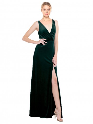Comprar Verde oscuro línea A Cuello en V Terciopelo Elástico Largo Formales Vestidos de dama de honor / Vestidos de fiesta