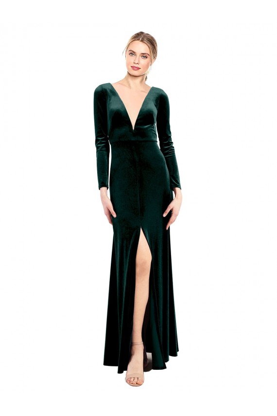 Comprar Verde oscuro línea A Cuello en V Terciopelo Elástico Largo Vestidos de dama de honor / Vestidos de fiesta