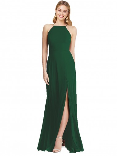 Comprar Verde oscuro línea A Tirantes espagueti Cuello Alto Gasa Largo Vestidos de dama de honor