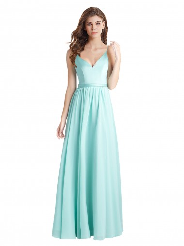 Comprar Waterfall línea A Cuello en V Gasa Satén Largo Vestidos de dama de honor