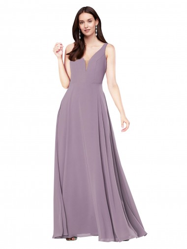 Comprar lavanda oscura Cubierta Cuello en V Gasa Largo Formales Vestidos de dama de honor / Vestidos de noche