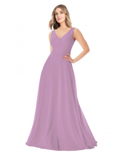 Comprar lavanda oscura línea A Cuello en V Gasa Largo Vestidos de dama de honor
