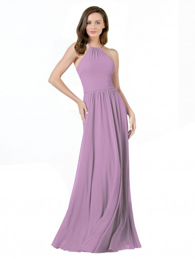 Comprar lavanda oscura línea A Halter Gasa Largo Vestidos de dama de honor