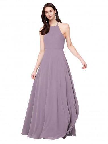 Comprar lavanda oscura línea A Halter Gasa Largo Vestidos de dama de honor